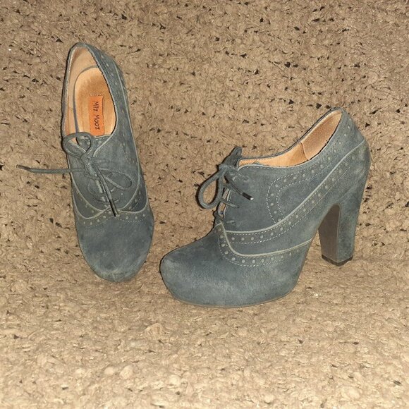 MIZ MOOZ-Vance-Oxford Brogue Heels-Victorian/Steampunk-Blue Gray Suede-Sz 6.5-EX - Picture 1 of 7